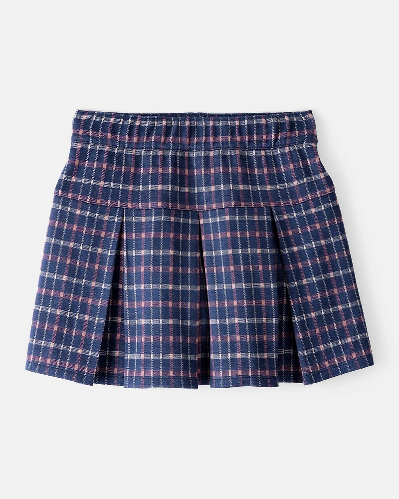 Girls 2-Piece Bow Embroidered Tee & Plaid Pleated Skort Set - Green/Navy