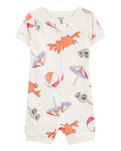 Toddler 1-Piece Crab Beach Print 100% Snug Fit Cotton Romper Pajamas - White