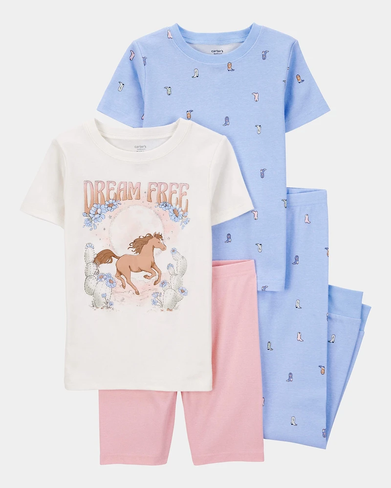 Girls 4-Piece Horse 100% Snug Fit Cotton Pajamas - Pink/Blue