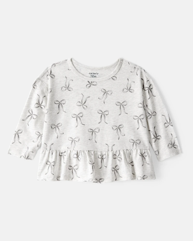 Baby Girl Bow Print Long-Sleeve Peplum Top
