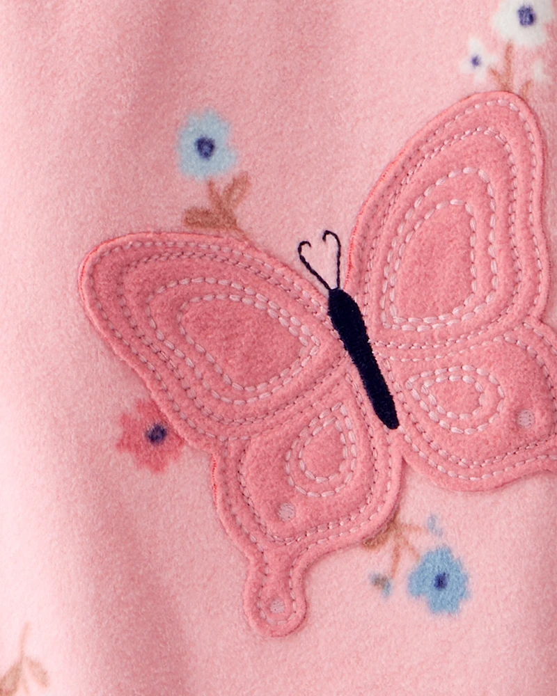 Baby Girl Butterfly & Floral Print Loose Fit Long-Sleeve 2-Way Zip 1-Piece Pajamas - Pink