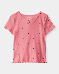 Girls Ribbed Heart Print Short-Sleeve Shirt - Pink