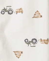 Toddler Boy Tractor Print Cotton Long-Sleeve Button Down Shirt - White