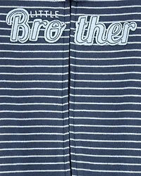 Baby Boy Striped Little Bro 2-Way Zip Cotton Sleep & Play Pajamas - Blue