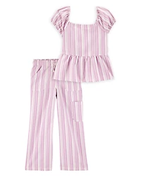 Kid 2-Piece Striped Peplum Top & Drawstring Pants Set - Pink/White