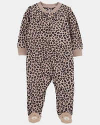 Baby Girl Leopard Print Loose Fit Long-Sleeve 2-Way Zip Sleep & Play Pajamas - Brown