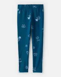 Girls Heart Floral Pull-On Stretch Leggings - Blue