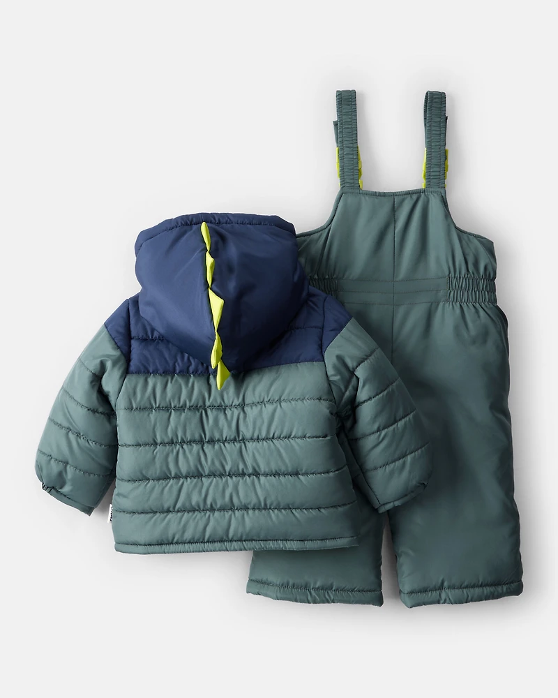 Baby Boy 2-Piece Dinosaur Hooded Snowsuit Jacket & Bib Set - Green/Blue