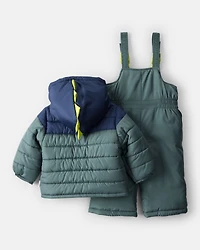 Baby Boy 2-Piece Dinosaur Hooded Snowsuit Jacket & Bib Set - Green/Blue