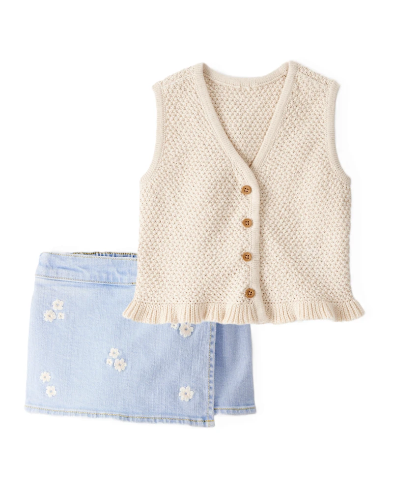 Toddler Girl 2-Piece Button-Up Sleeveless Vest & Embroidered Denim Skort Set - Cream/Blue