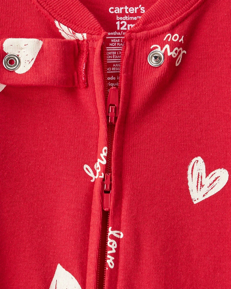 Baby Valentine's Day Heart 100% Cotton Loose Fit 2-Way Zip Footie 1-Piece Pajamas - Red