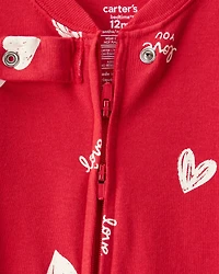 Baby Valentine's Day Heart 100% Cotton Loose Fit 2-Way Zip Footie 1-Piece Pajamas - Red