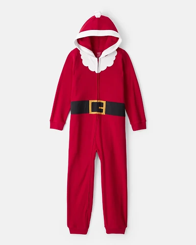 Kid Santa Hooded Loose Fit Long-Sleeve Zip-Up 1-Piece Pajamas - Red