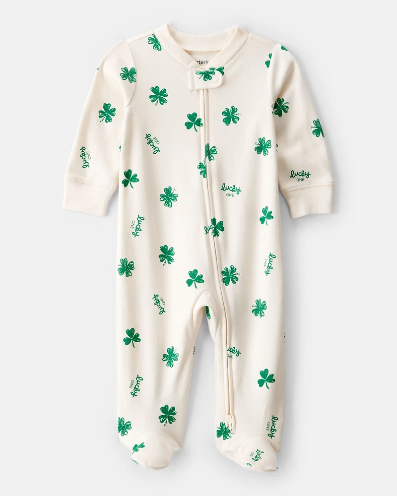 Baby St. Patrick's Day 100% Cotton Snug Fit 2-Way Zip Sleep & Play Pajamas - Ivory