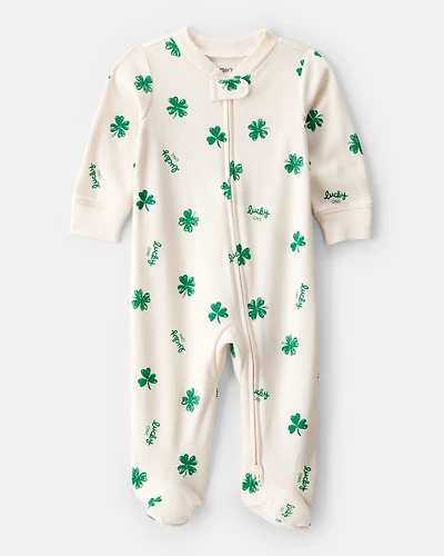 Baby St. Patrick's Day 100% Cotton Snug Fit 2-Way Zip Sleep & Play Pajamas - Ivory