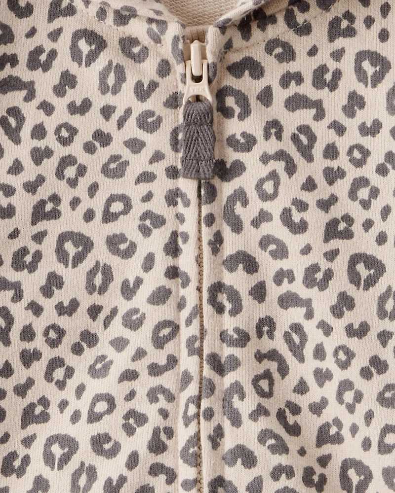 Baby Girl Cat Leopard Print Cotton Long-Sleeve Hooded Jumpsuit - Brown