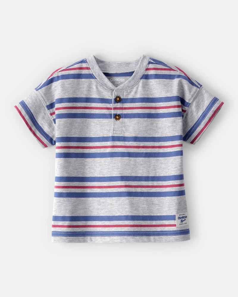Baby Boy Striped Short-Sleeve Henley Tee - Grey
