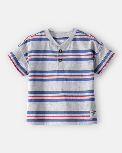 Baby Boy Striped Short-Sleeve Henley Tee - Grey