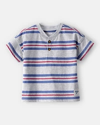 Baby Boy Striped Short-Sleeve Henley Tee - Grey