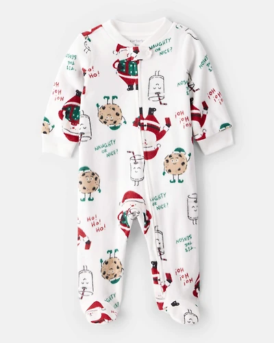 Baby Beige Santa Milk & Cookies Loose Fit Fleece Long-Sleeve Sleep Play Pajamas - White