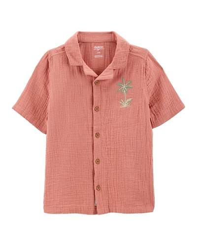 Kid Palm Tree Print Button-Front Shirt - Red
