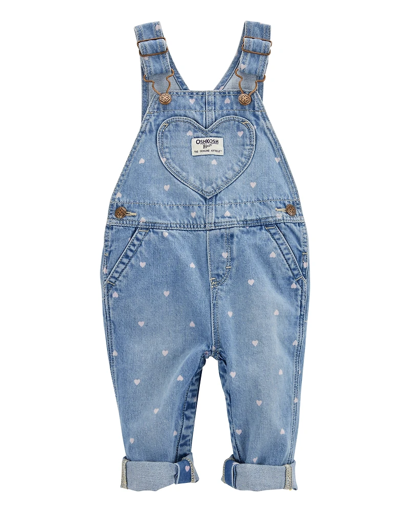 Baby Heart-Print Knit Denim Overalls - Blue