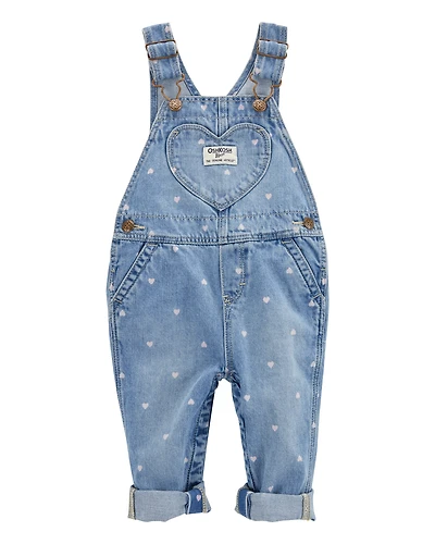 Baby Heart-Print Knit Denim Overalls - Blue