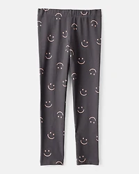 Girls Smiley Face Print Cotton Pull-On Stretch Leggings - Black
