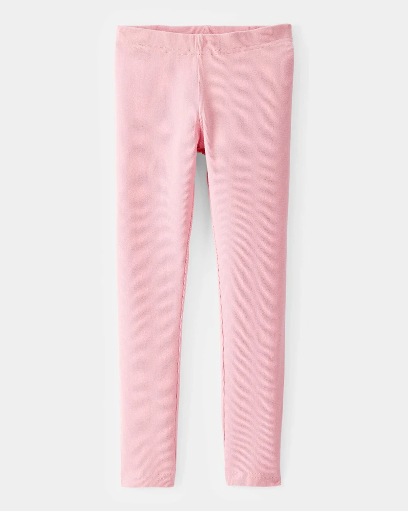 Girls Solid Cotton Ribbed Stretch Leggings - Pink