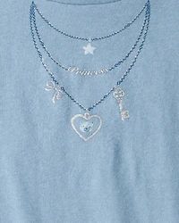 Girls Charm Necklace Short-Sleeve Graphic Tee - Blue