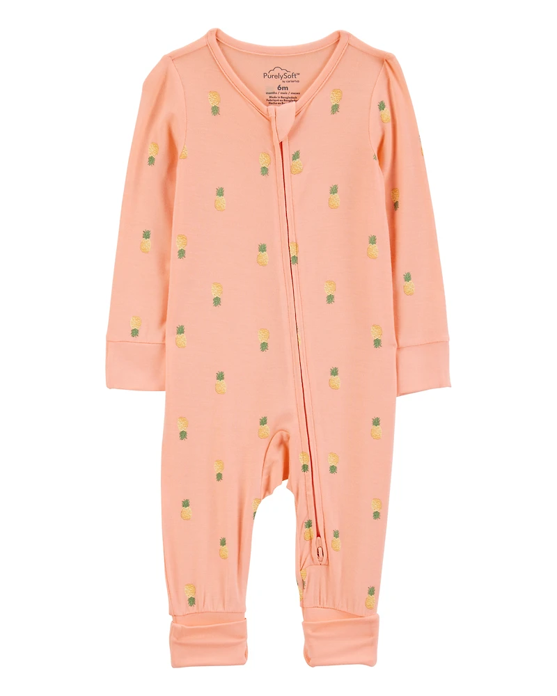 Baby Girl Pineapple Print 2-Way Zip PurelySoft Convertible Foot Sleep & Play Pajamas - Coral