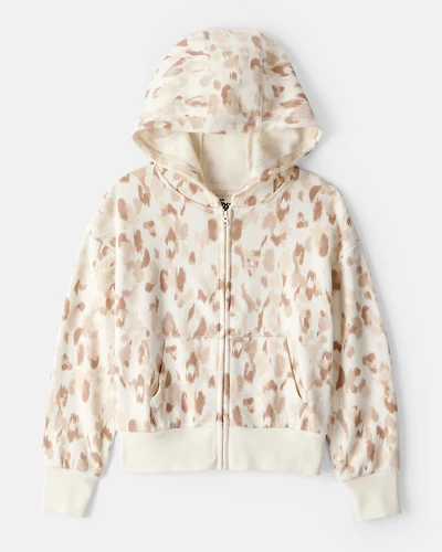 Girls Leopard Print DayDream Fleece Hooded Zip-Up Jacket - Cream