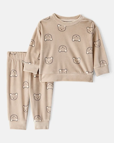 Baby Boy 2-Piece Bear Print Velour Sweatshirt & Pant Set - Brown