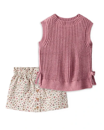 Toddler Girl 2-Piece Sleeveless Sweater Top & Floral Print Cotton Skirt Set - Multi