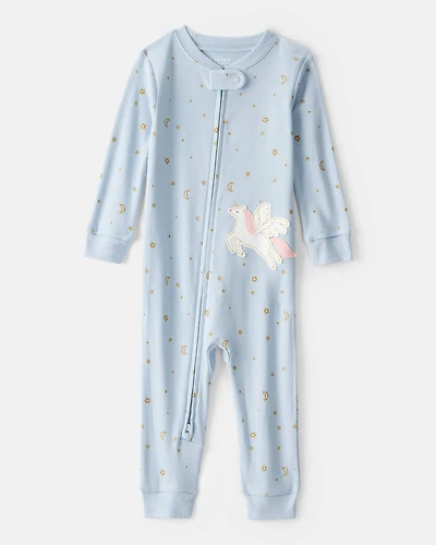 Toddler Girl Unicorn Star 100% Cotton Long-Sleeve 1-Piece Pajamas - Blue