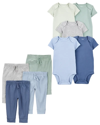 Baby 9-Piece Solid Short-Sleeve Bodysuits & Pull-On Pants Set