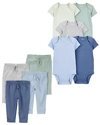 Baby 9-Piece Solid Short-Sleeve Bodysuits & Pull-On Pants Set