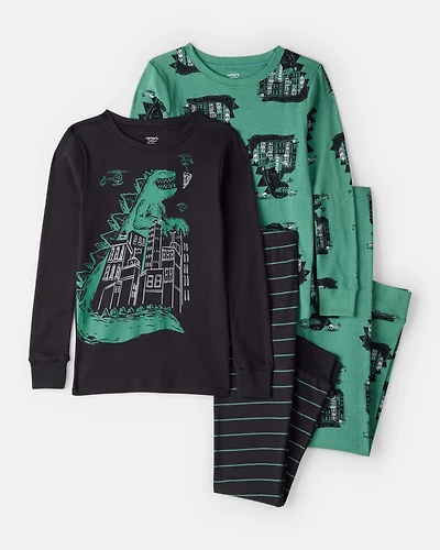 Boys Godzilla 100% Cotton  Loose Fit 4-Piece Pajamas - Black/Green
