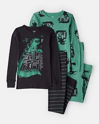 Boys Godzilla 100% Cotton  Loose Fit 4-Piece Pajamas - Black/Green
