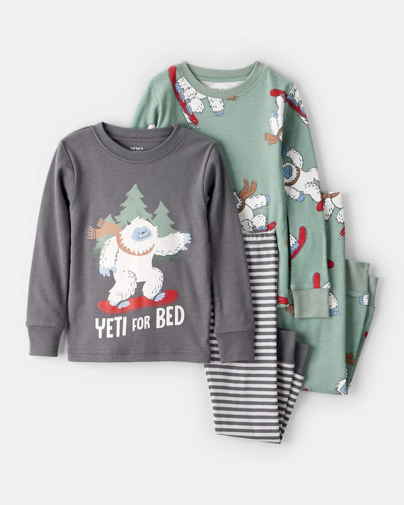 Baby Boy Yeti Print 100% Cotton Long-Sleeve Snug Fit 4-Piece Pajamas - Green/Grey