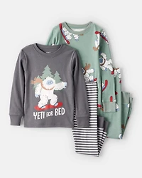 Baby Boy Yeti Print 100% Cotton Long-Sleeve Snug Fit 4-Piece Pajamas - Green/Grey