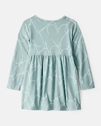 Toddler Girl Heart Print Long Sleeve Cotton Dress - Green