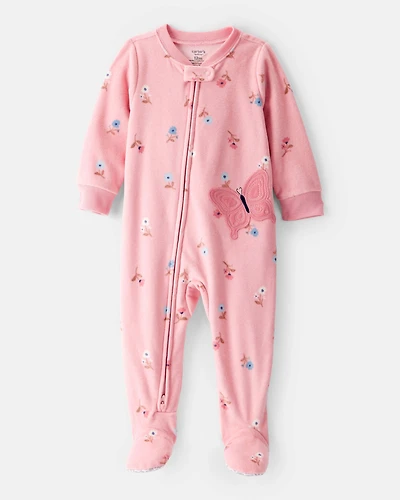 Toddler Girl Butterfly & Floral Loose Fit Long-Sleeve 1-Piece Pajamas - Pink