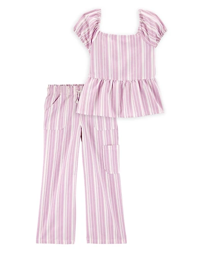 Kid 2-Piece Striped Peplum Top & Drawstring Pants Set - Pink/White