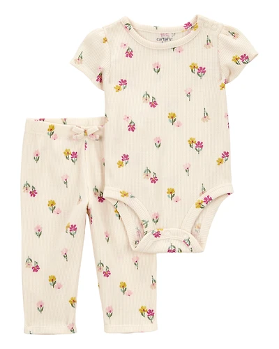 Baby 2-Piece Floral Short-Sleeve Waffle Knit Bodysuit Pant Set - Ivory