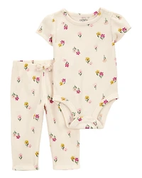 Baby 2-Piece Floral Short-Sleeve Waffle Knit Bodysuit Pant Set - Ivory