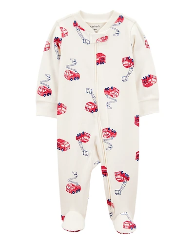 Baby Boy Fire Truck Print 2-Way Zip Cotton Sleep & Play Pajamas - Cream