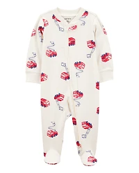 Baby Boy Fire Truck Print 2-Way Zip Cotton Sleep & Play Pajamas - Cream