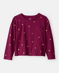 Girls Bow Print Pocket Tee - Maroon