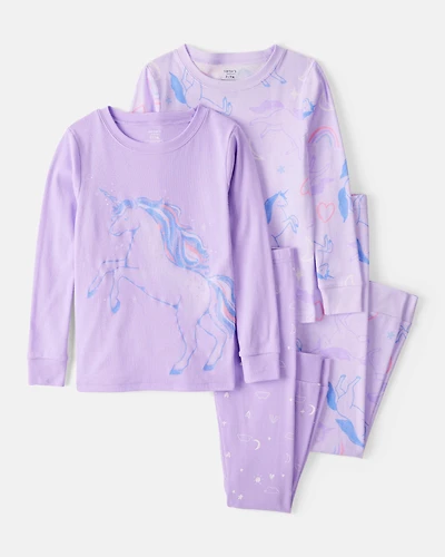 Girls Unicorn Print 100% Cotton Long-Sleeve 4-Piece Pajamas - Purple